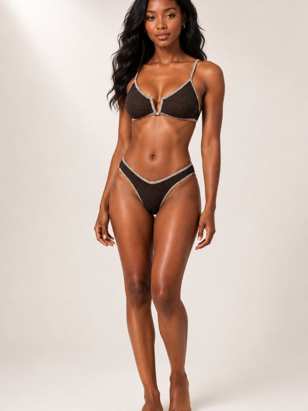 Cupshe Tulum Brown Metallic Bikini Set V Wire High Cut Cheeky Swimsuit M NWT